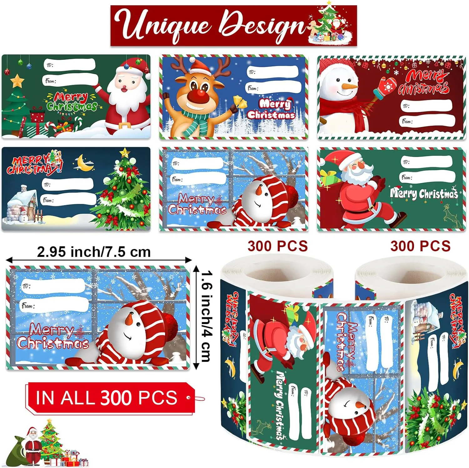 

300pcs Self-Adhesive Christmas Gift Tag Roll Name To/From Stickers with Santa Reindeer Snowmen for Presents Wrapping Boxes Decor