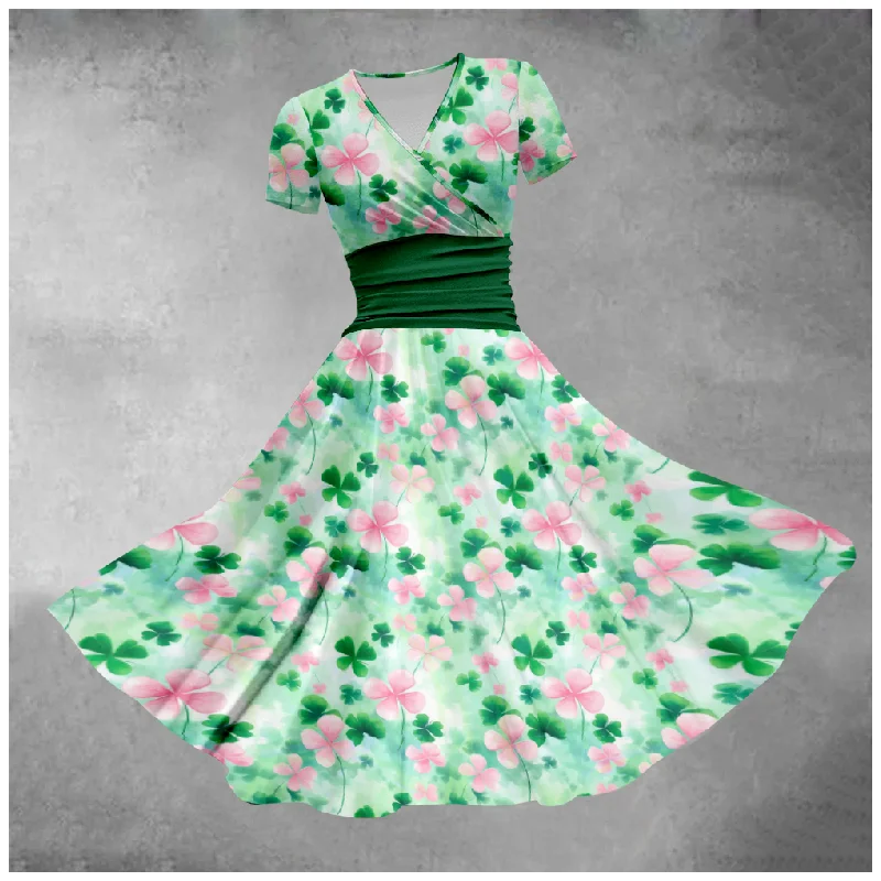 Spring Floral Four-Clover Pink Green Pattern Full Print Casual Skirts Waist Short Sleeve Dresses Party Club Dress For Ladies