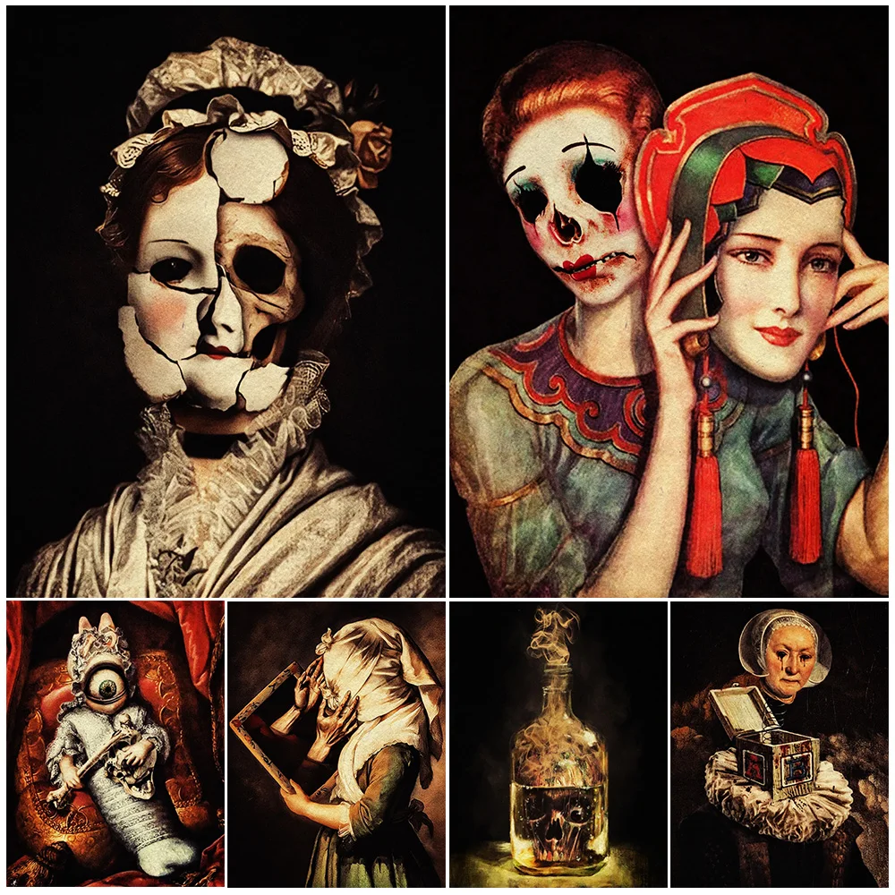 

The Evil Thing In The Mirror, Vintage Wall Art Canvas Painting, Scary Toys And Broken Masks,Witchcraft Fantasy, Art Poster Print