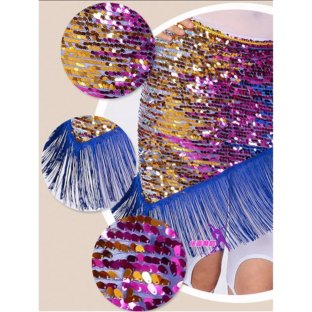Women's Sequins Belly Dance Hip Scarf with Tassels & Gradient Triangle Lace-Up Skirt view 6