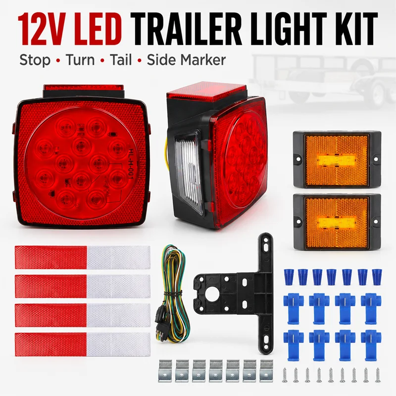 LED Trailer Tail Light Kit Submersible Round Stop Turn Brake Lights with 4-Pole Wiring Harness for Boat Truck Trailer 12V