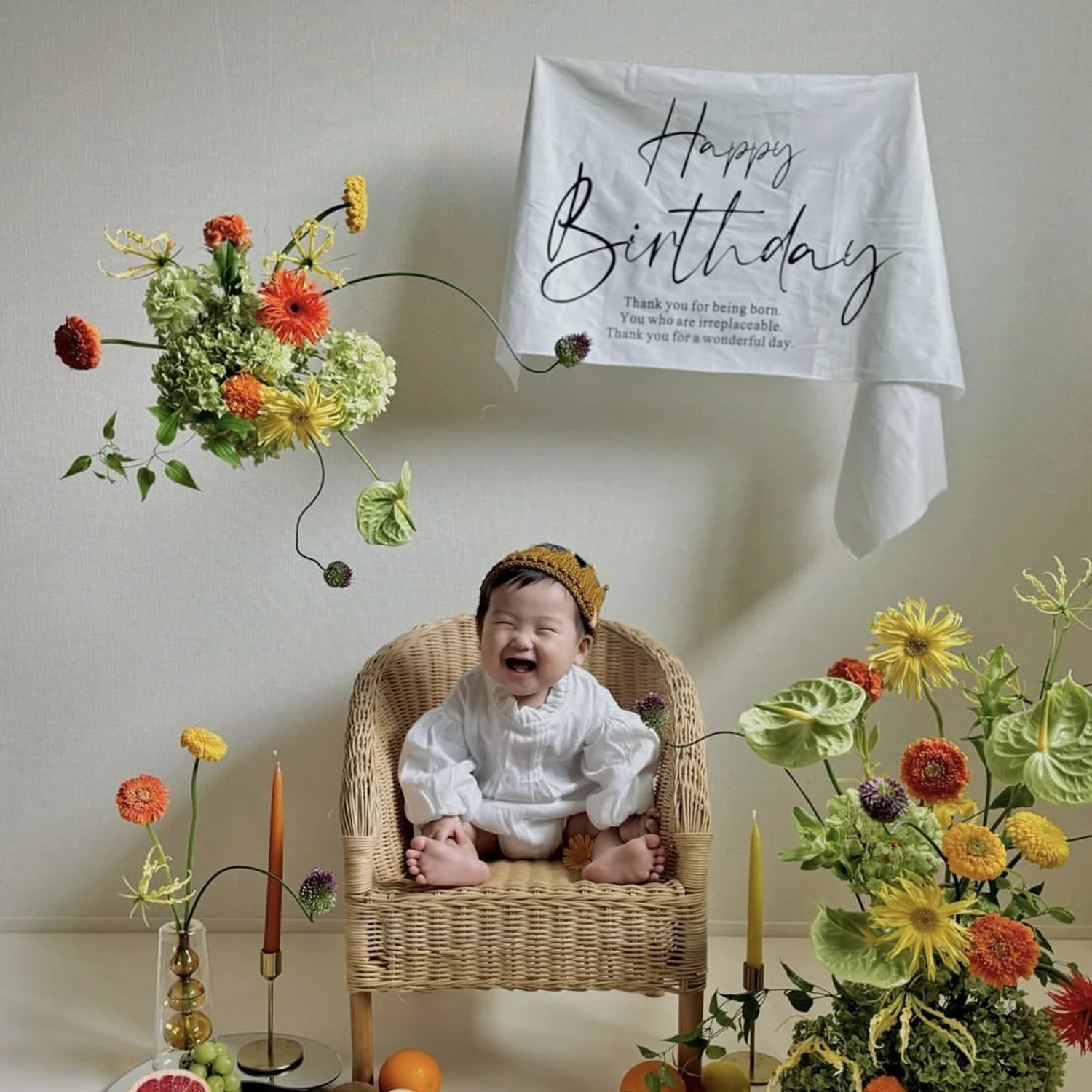 Happy Birthday Tapestry Baby White Half Banner Hanging Kids Party Poster Dressing Prop Decoration