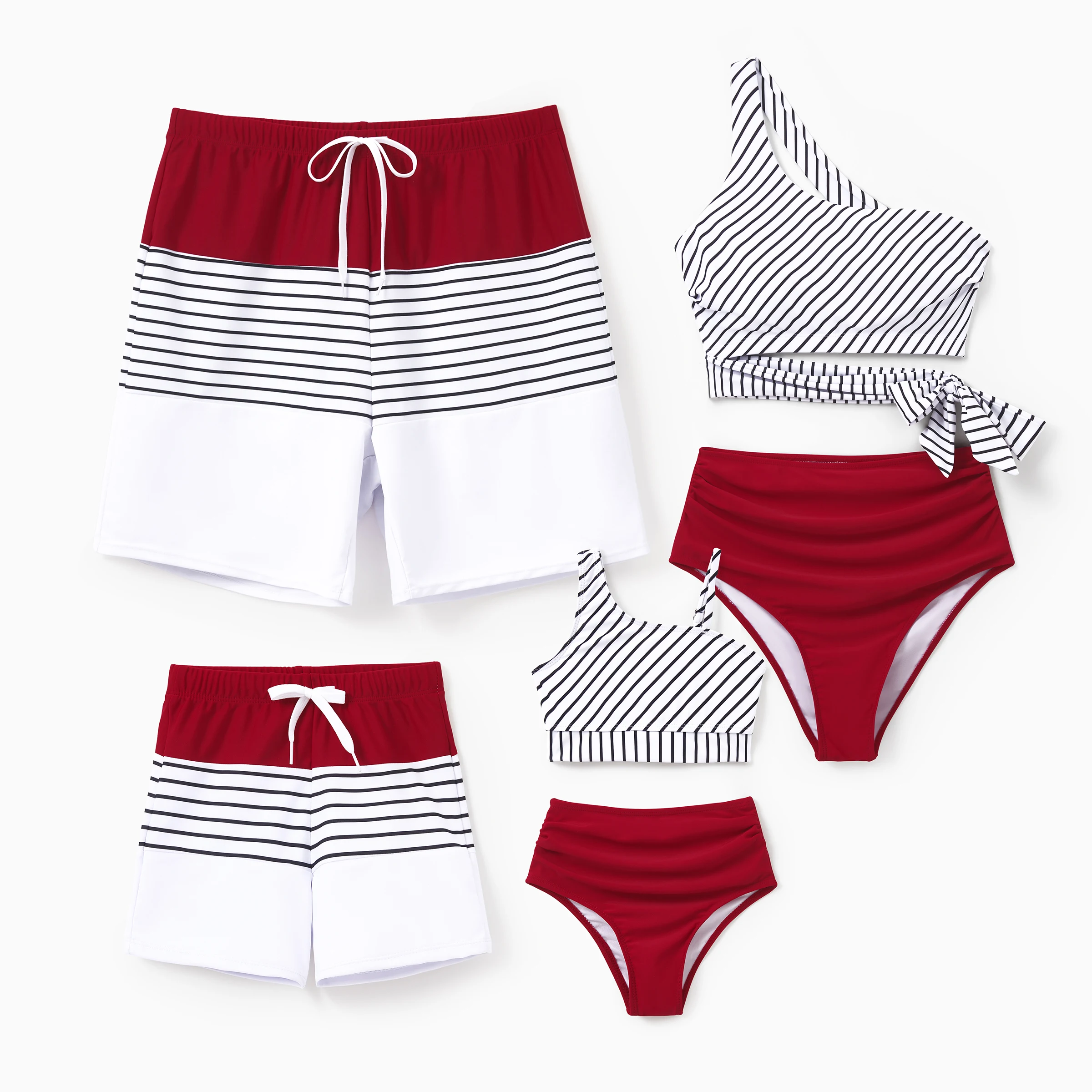 

PatPat Family Matching Swimsuits Red Striped One-Shoulder Bikini or Colorblock Swim Trunks Matching Beachwear Outfits