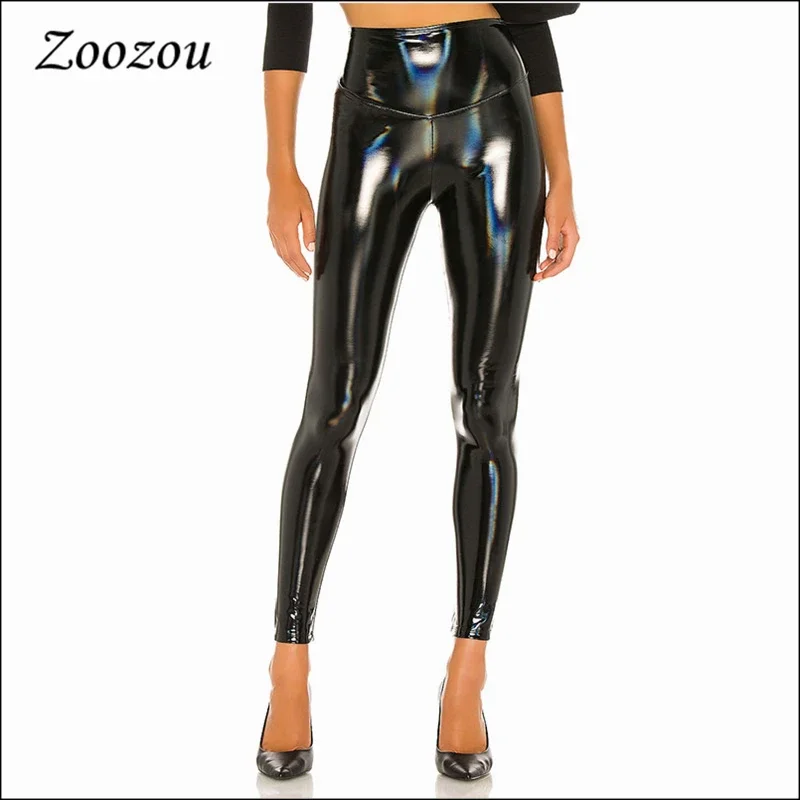 

Warm PU Latex Leggings for Women High Waist Skinny Trousers Sexy Bodycon Black Slim Leather Pencil Pants Custom Wool