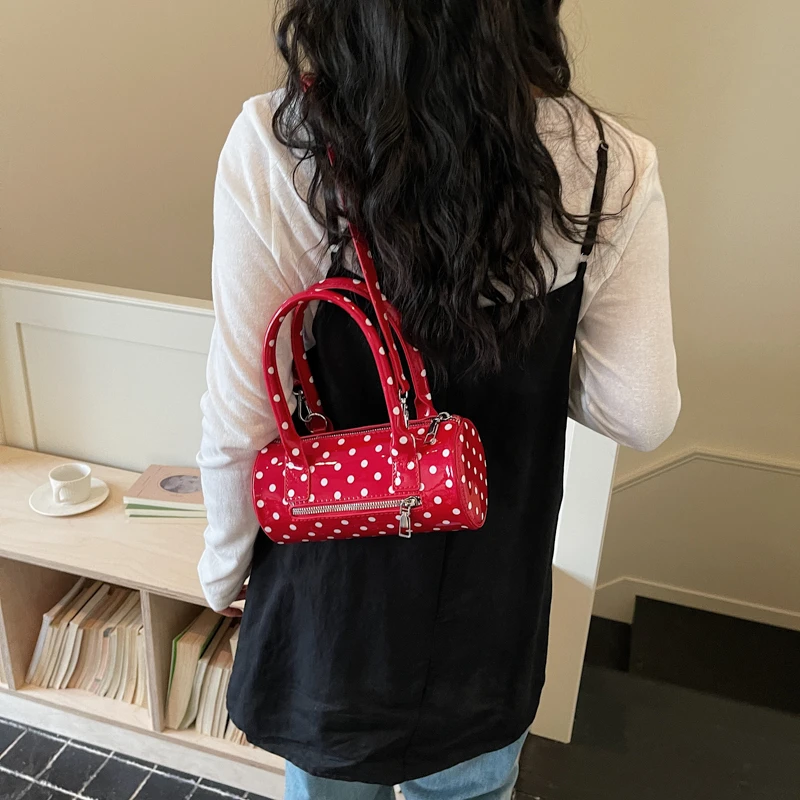 

Cute Polka Dot Boston Bag for Women, Retro Patent Leather Top Handle Crossbody Purse, Mini Bowling Handbag for Daily and Date