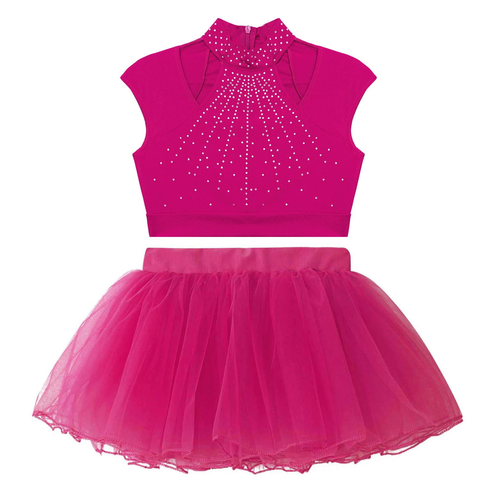 Kids Girls Ballet Tutu Dress Sleeveless Rhinestones Crop Top with Sheer Mesh Skirt Figure Skating Ballroom Competition Costume