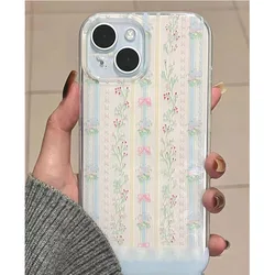 Blue Floral Phone Cases for IPhone 11 12 13 14 15 Pro Max for IPhone XR XS Korean Vintage Phone Case Stripes Fashion New