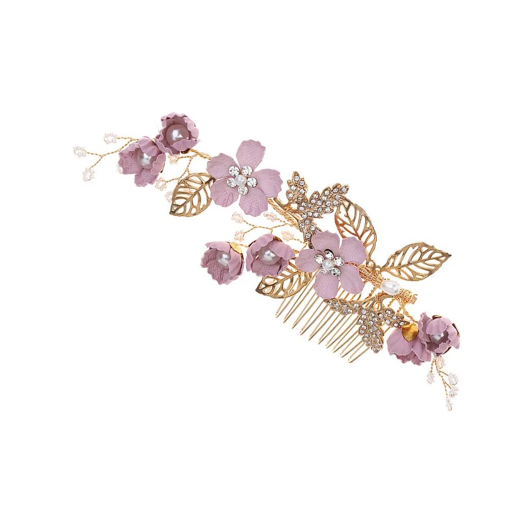 

Cloth Flower Purple Bridal Hair Comb Rhinestone Pearl Side Comb Wedding Hair Decoration Prom Engagement Party