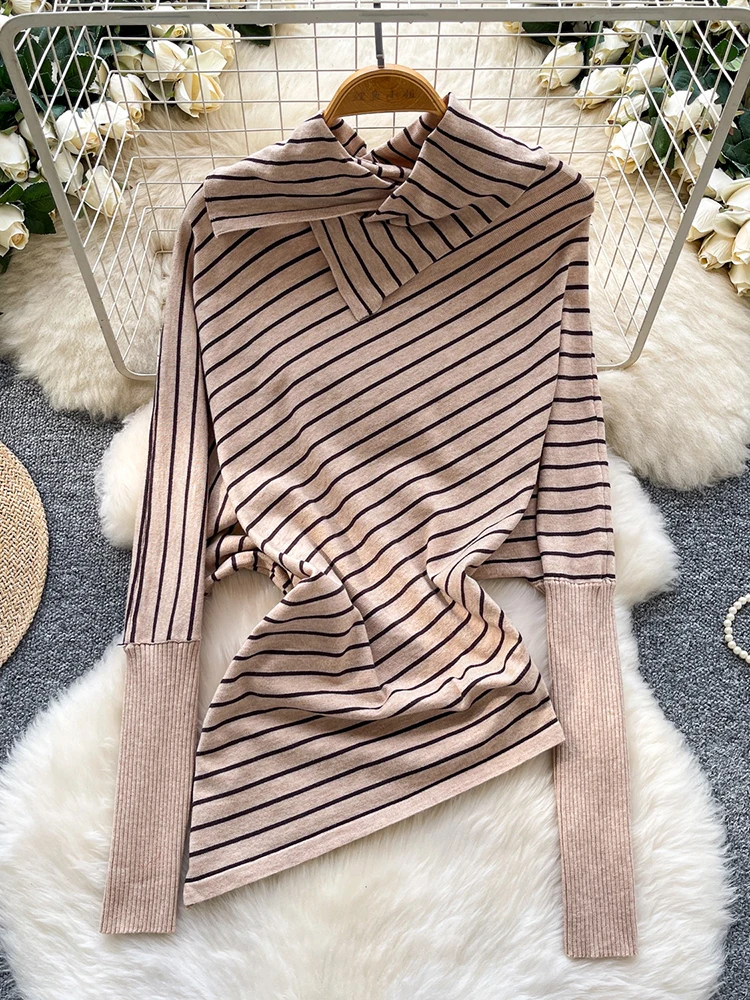 

Женский осенний свитер с высоким воротником и длинными рукавами, полосатый вязаный топ, облегающий универсальный пуловер нестандартной формы, женский топ SW027