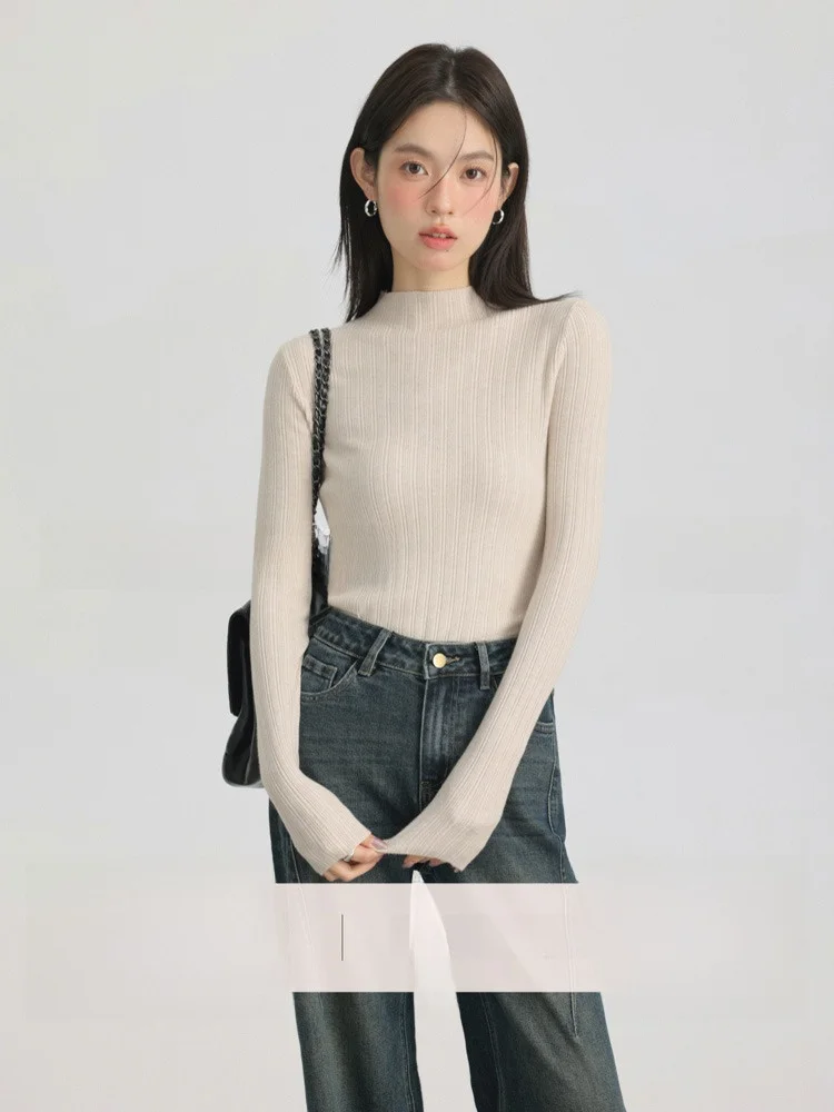 المرأة سليم صالح اللون سترة f عالية الياقة قاعدة مرنة irt ملابس داخلية تي شيرت طويل Sve الخريف الشتاء Faion #1