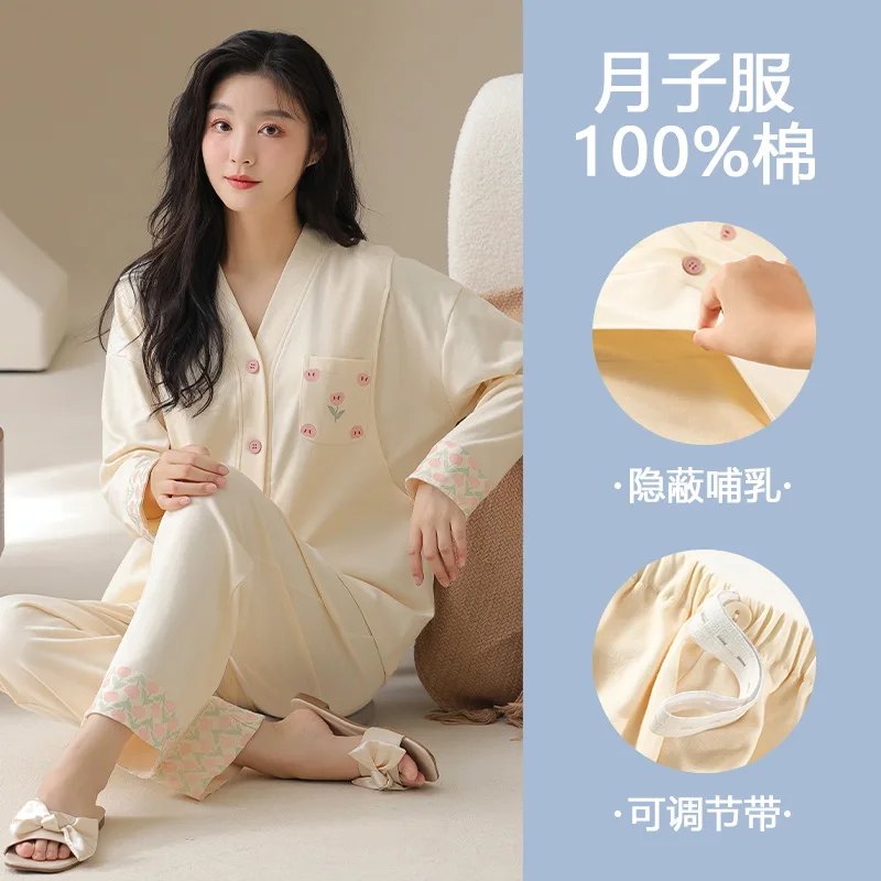 Spring Autumn 100% Pure Cotton Maternity Home Pajamas, Convenient Breastfeeding Nursing Sleepwear Set for Pregnant Women