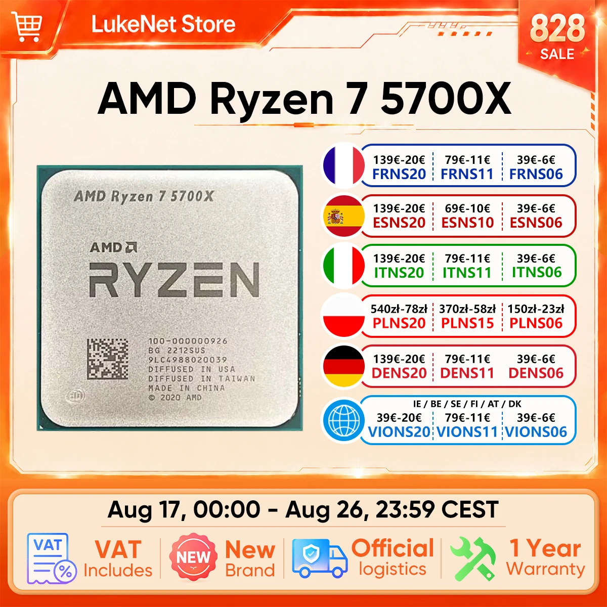 Procesador AMD Ryzen 7 5700X R7 5700X, 4.6GHz, 8 Núcleos, 16 Subprocesos, TDP 65W, 7NM, L3 = 32M, Socket AM4, Procesador para Juegos, sin Enfriador