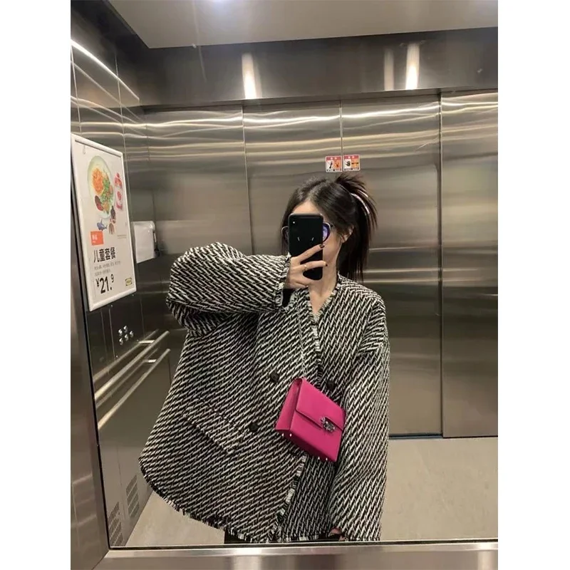 Vintage Striped Tweed Jacket Women Korean Elegant Oversized Casual Coat Winter Streetwear Harajuku Loose All Match Outwear Tops