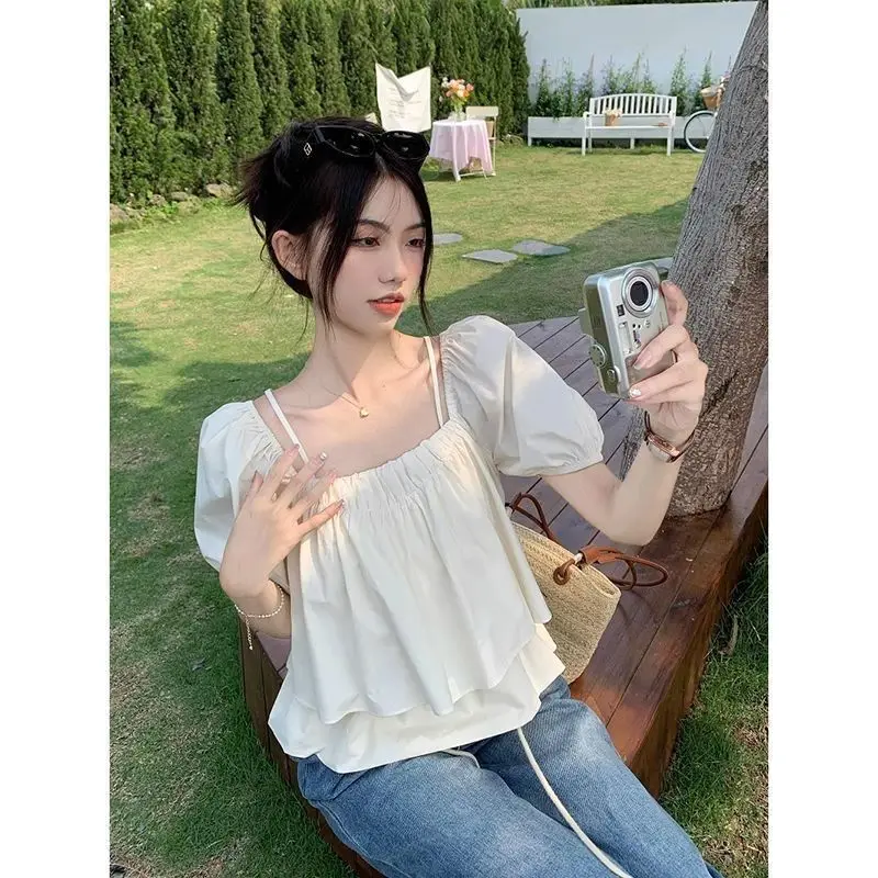 Women Solid Shirt Sweet Chic Puff Short Sleeve Female Blouse Korean Summer New Square Collar Loose All Match Ladies Crop Tops