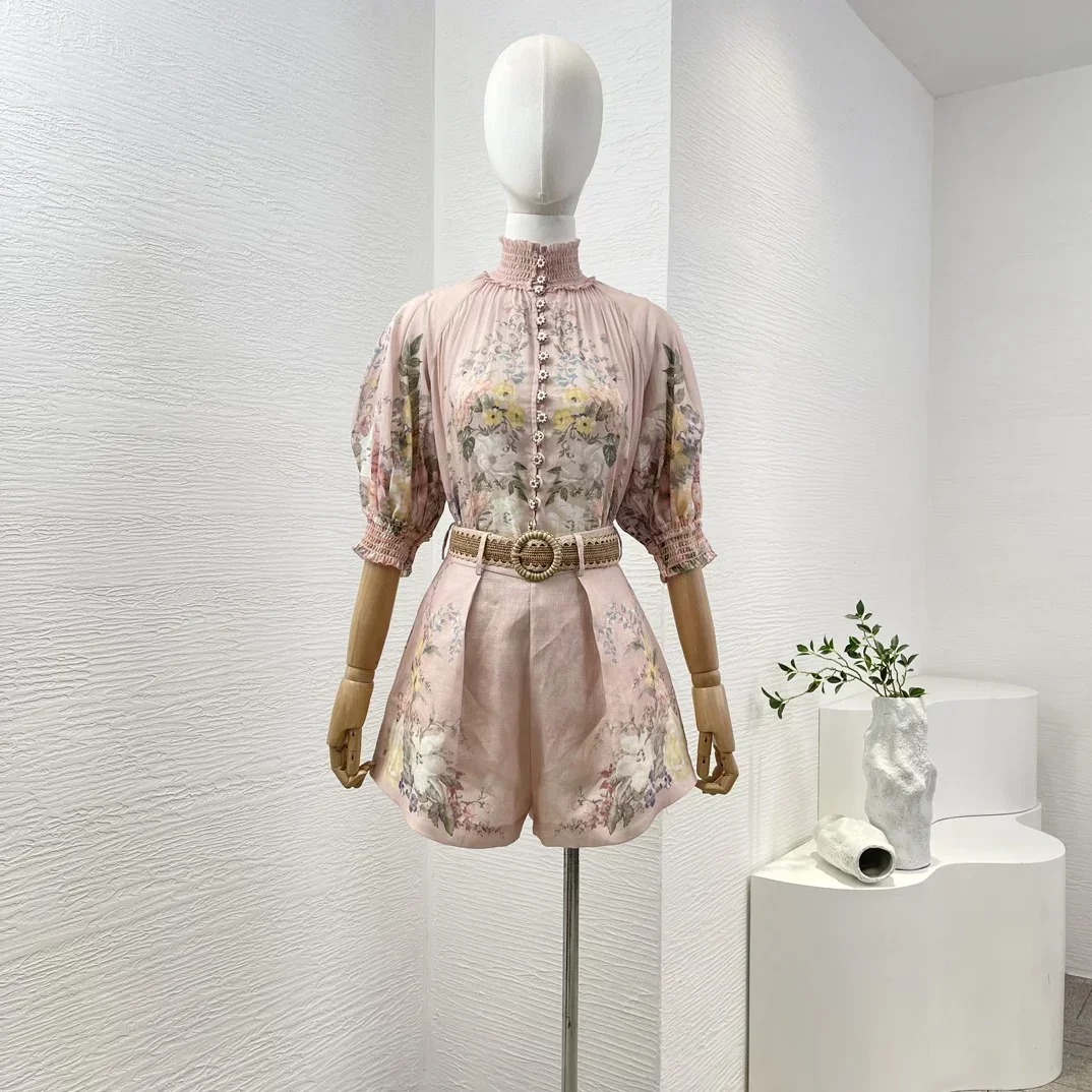 

Women 2024 New Pink Collection Floral Print Turtleneck Puff Sleeve Shirring Blouse Tops and Belted Shorts Re-tro Holiday Sets