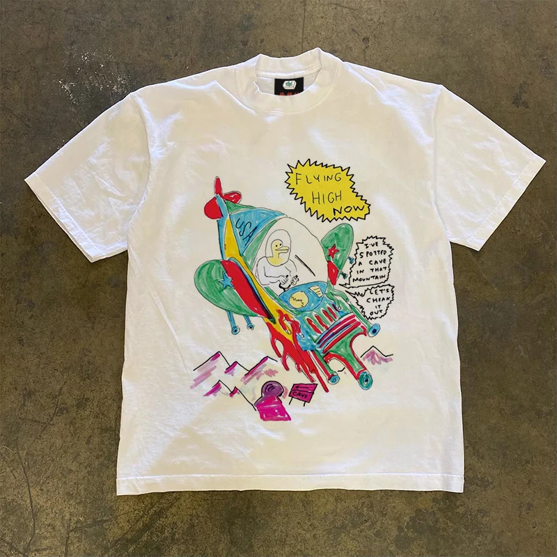 Loose Short Sleeve Graffiti Contrast Color Couple T-shirts Breathable Cotton round Neck Summer New Style by Wang Studio