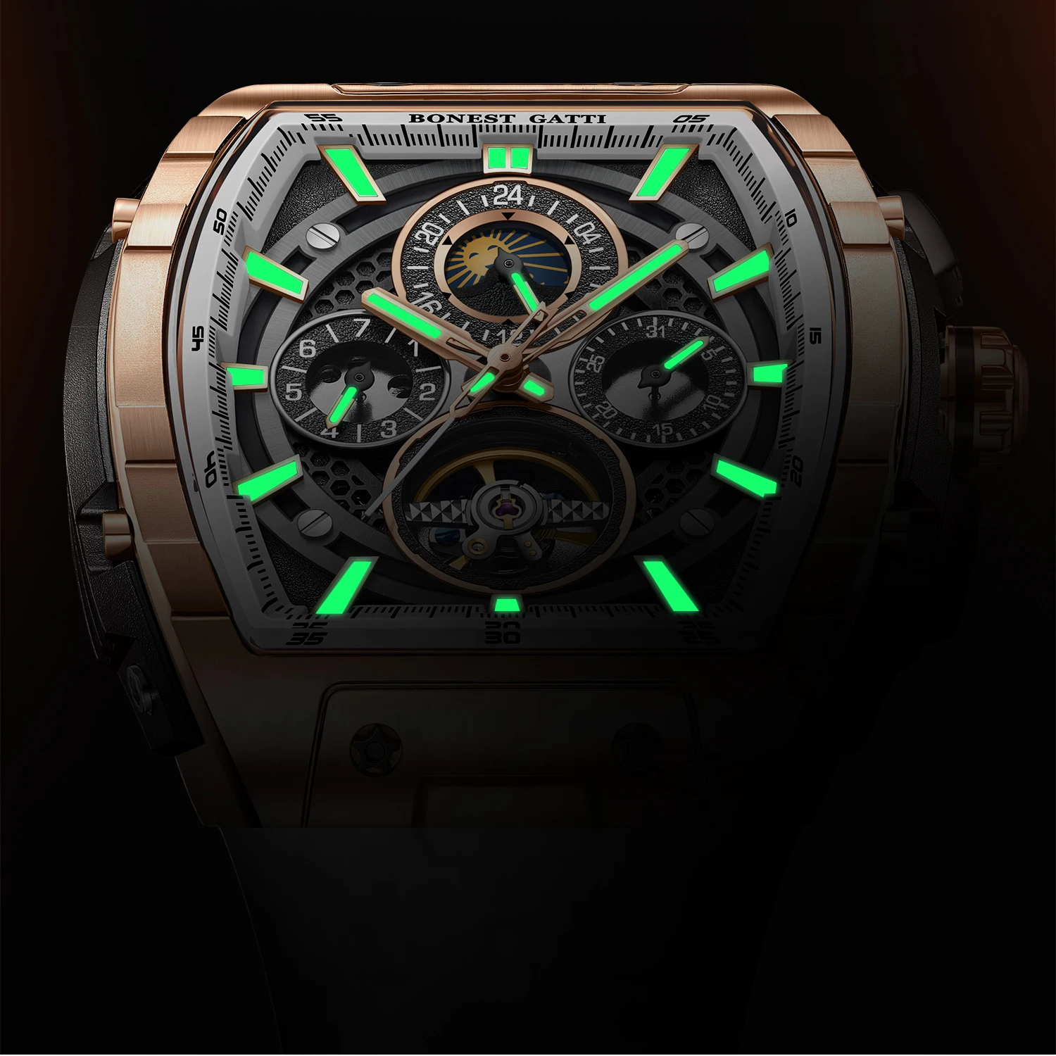 BONEST GATTI ساعة أوتوماتيكية للرجال Tonneau ساعة يد ميكانيكية مقاومة للماء الياقوت مضيئة تاريخ الأسبوع 24 ساعة حزام مطاطي فلوري
