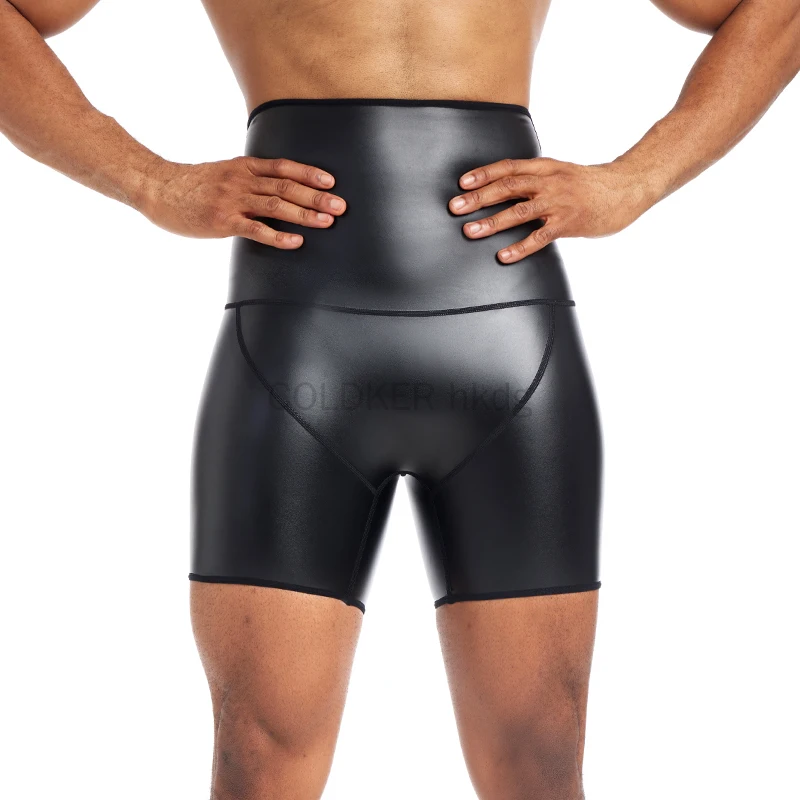 

Men Faux Leather Shorts High Waist Tummy Control Shapewear Shorts Slim Fit Trunk Leg Body Shaper Hip Hop Pants