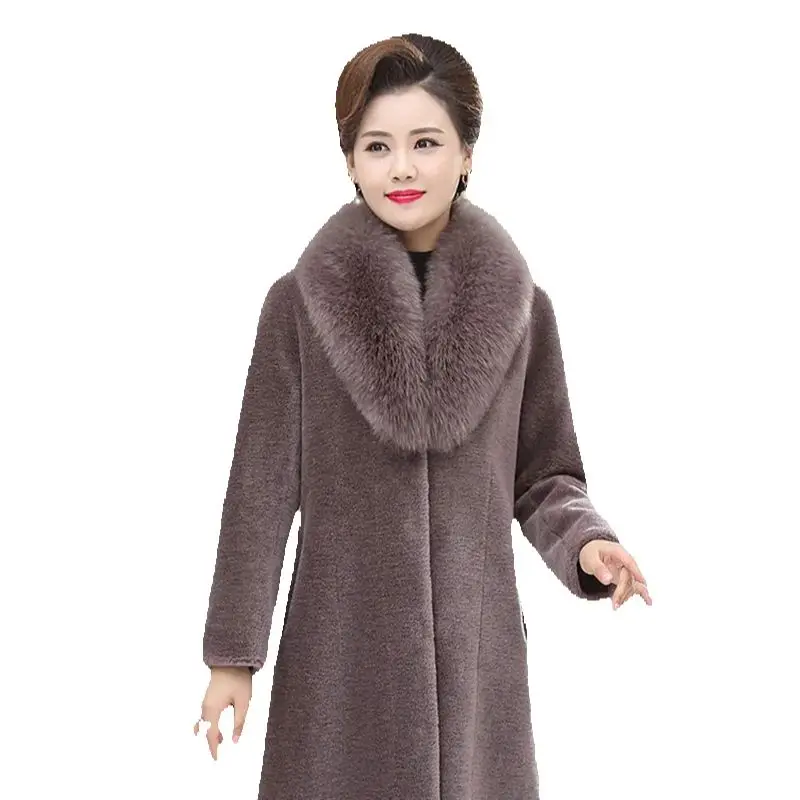 

Шерстяная шуба для женщин среднего и пожилого возраста, воротник из лисьего меха средней длины и меховое интегрированное пальто для мам и женщин.