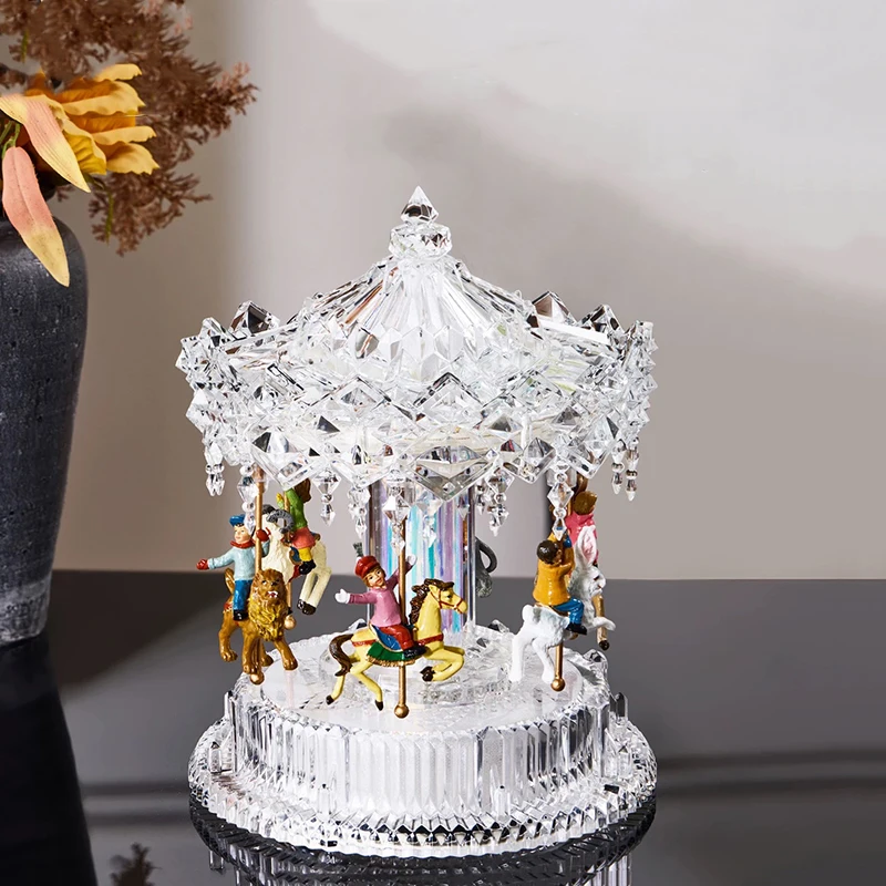 Carousel Model Ornament,Luminous Artwork,Home Decor,Creative Acrylic Sculpture,Rotating Music Crafts Ornaments,Nordic Art Gifts