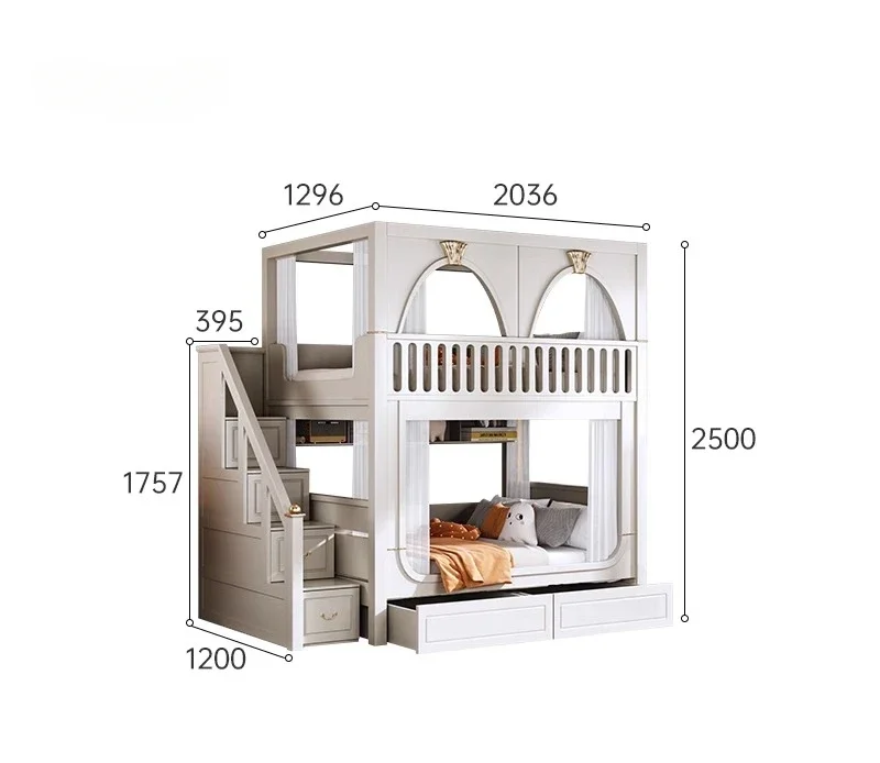 

High guardrail children's bed bunk double solid wood light luxury child and mother castle tree house high and low bed