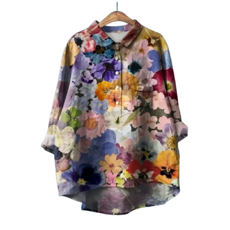 Nouveau printemps automne rétro col rabattu décontracté à manches longues chemise pour les femmes pull imprimé ample grande taille Bouse haut A345