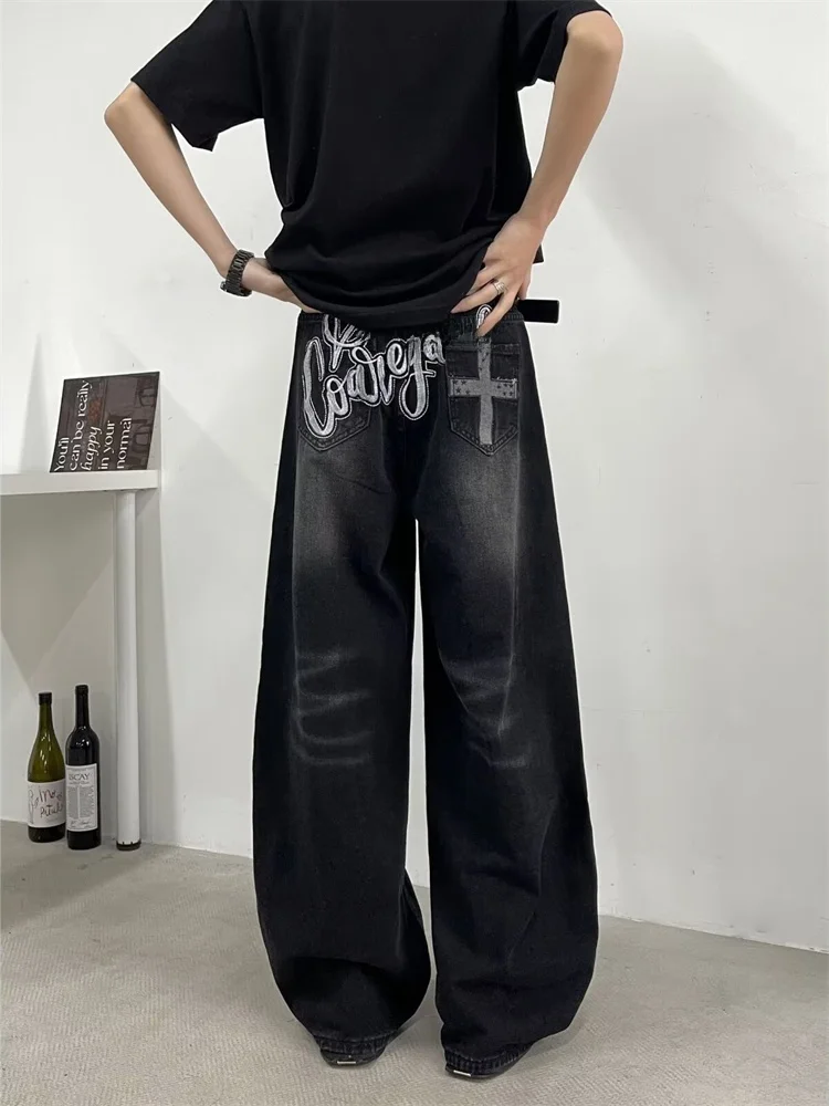 

Retro American Wide Leg Men's Jeans Black Washed out High Street Straight Cut Trousers Casual Wear Youth Fashion Summer Colle...