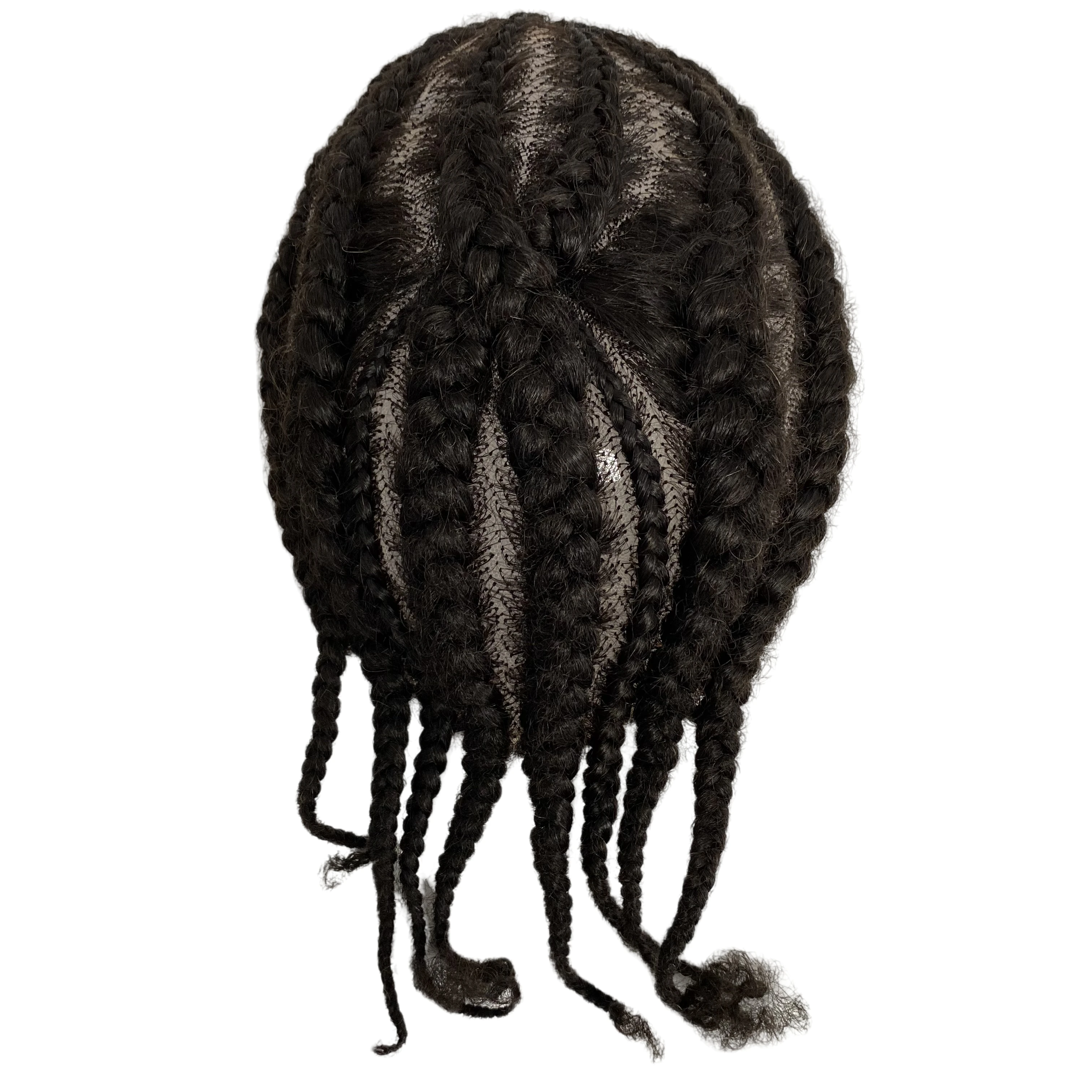 Postizo de cabello humano virgen chino N ° 8, raíz Afro, trenzas de maíz N ° 1, tupé de encaje completo negro azabache para Blackman