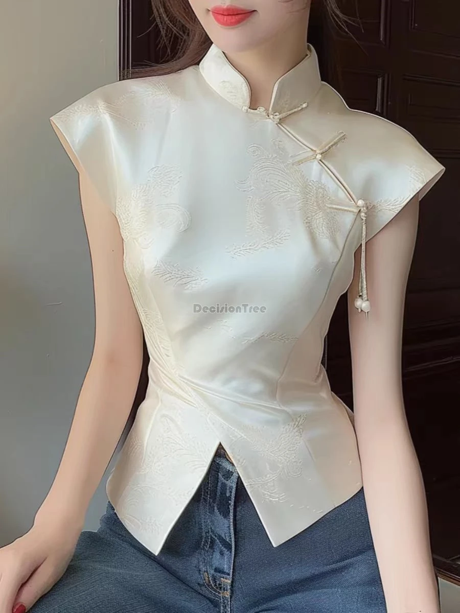 2024 fashion design sense irregular qipao top chinese ethnic style solid color jacquard pan button top elegant lady party blouse