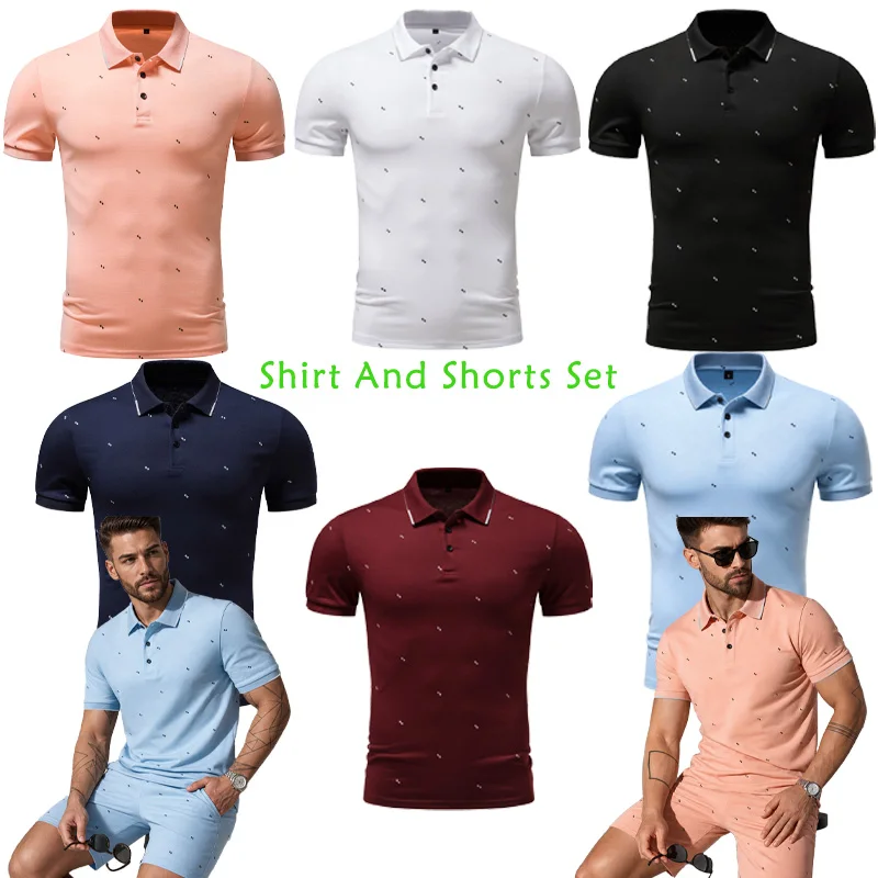 Men Mini Geometric Dot Print Polo Shorts 2Pcs Set ,Summer Casual Button Tee Elastic Drawstring Pocket Five Inch Sports Tracksuit