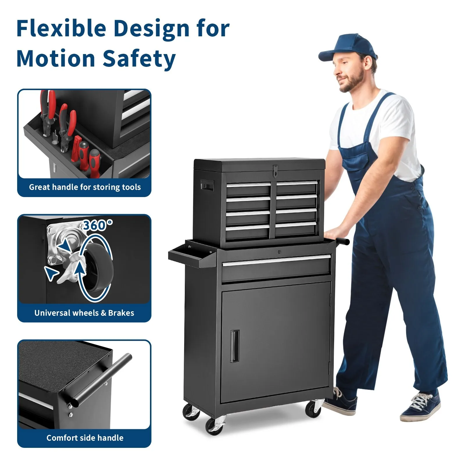 صندوق أدوات المتداول مع 5 أدراج وعجلات قابلة للقفل ومنظم 2 في 1 قابل للفصل