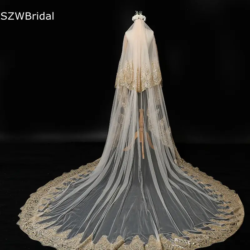 Hot Sale Champagne Lace Edge Wedding Veils Cathedral Bridal Veil 2025 3 Meter Velo de novia Bridal headwear bride