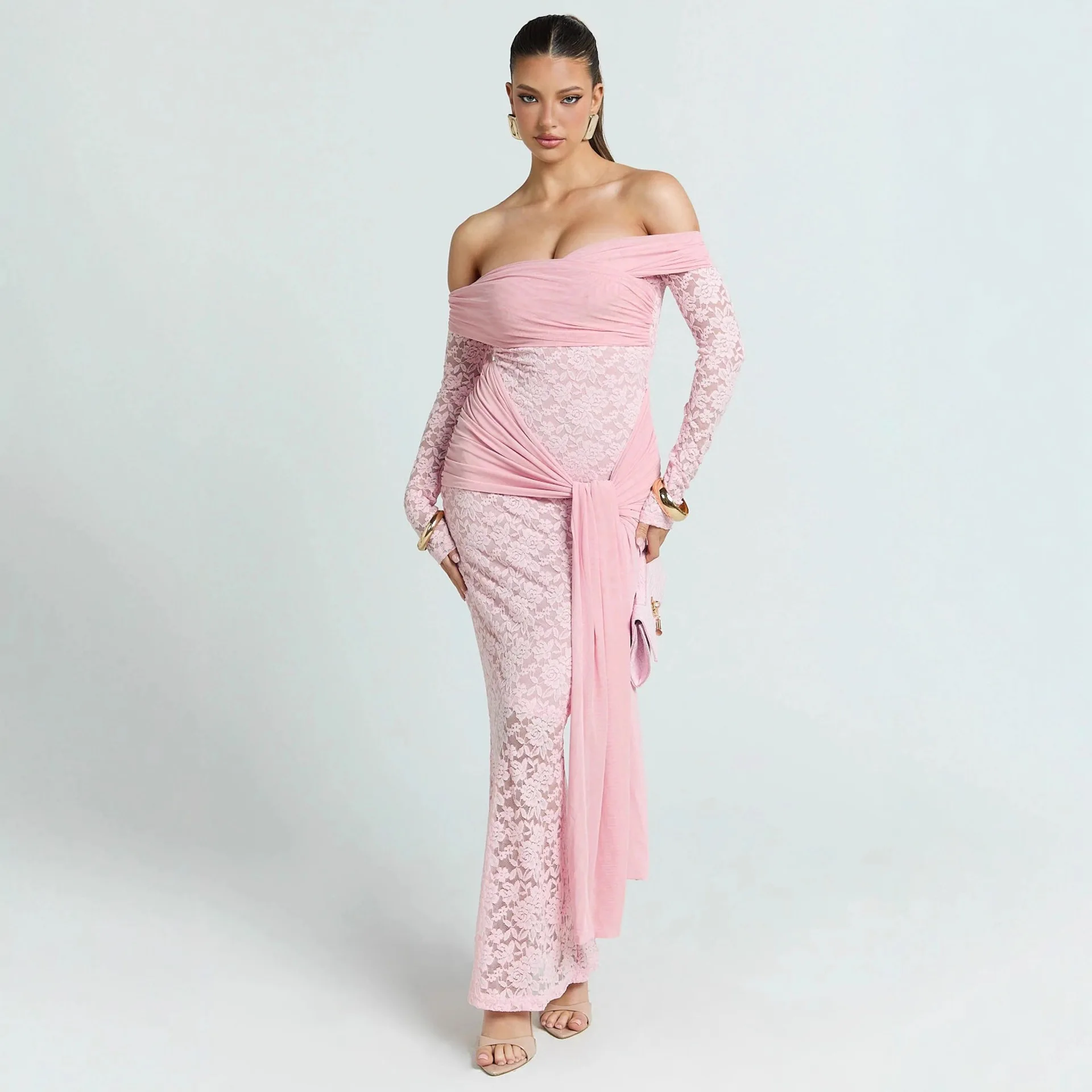 Apprabant 2025 outono inverno renda malha pura fora do ombro maxi vestido feminino manga longa magro bodycon elegante vestido sexy partywear