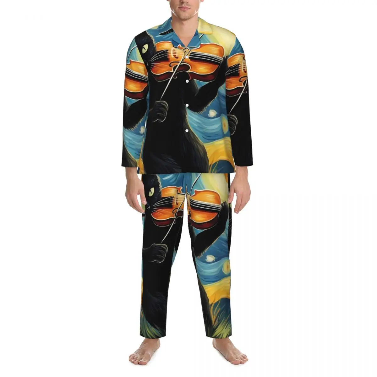 Van Gogh Starry Night Sleepwear Autumn Black Cat Playing Violin Loose Oversized Pajama Sets Mens Long-Sleeve Bedroom Nightwear