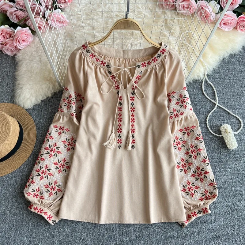

Retro Ethnic Lantern Sve irt Women's Loose Thin Tassel Heavy Embroidery Design Summer Top Korean Sle Long Sve