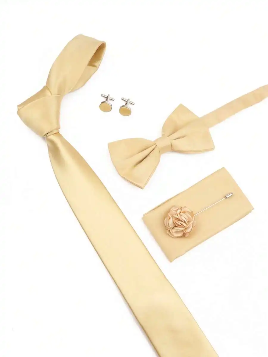 SGIAWETA-5pcs/Set Champagne Color Groomsmen Tie Set Including Tie, Bow Tie, Pocket Square, Boutonniere, Cufflinks, Wedding Attire, INS Style-birthdaygift view 2