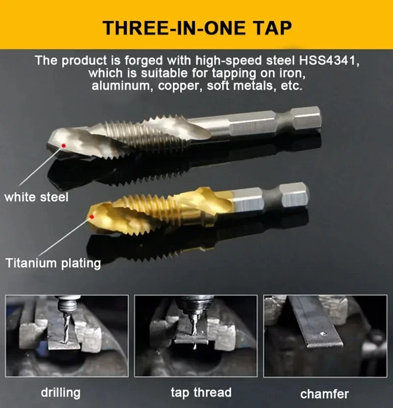 

6Pcs Tap Drill Bit Set Hex Shank Titanium Plated HSS Screw Thread Bit Screw Machine Compound Tap M3 M4 M5 M6 M8 M10 Hand Tools