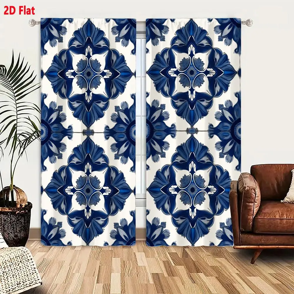2Pcs Curtains 2D Flat Classic Blue And Cream Ornate Floral Geometric Tile Pattern Inspired By Traditional Portuguese Azulejos Wi
