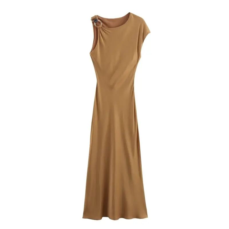 فستان أنيق من الساتان والحرير ميدي تصميم عصري للسيدات وصل حديثًا للخريف قطعة واحدة نمط رائع مواد أخرى 00%