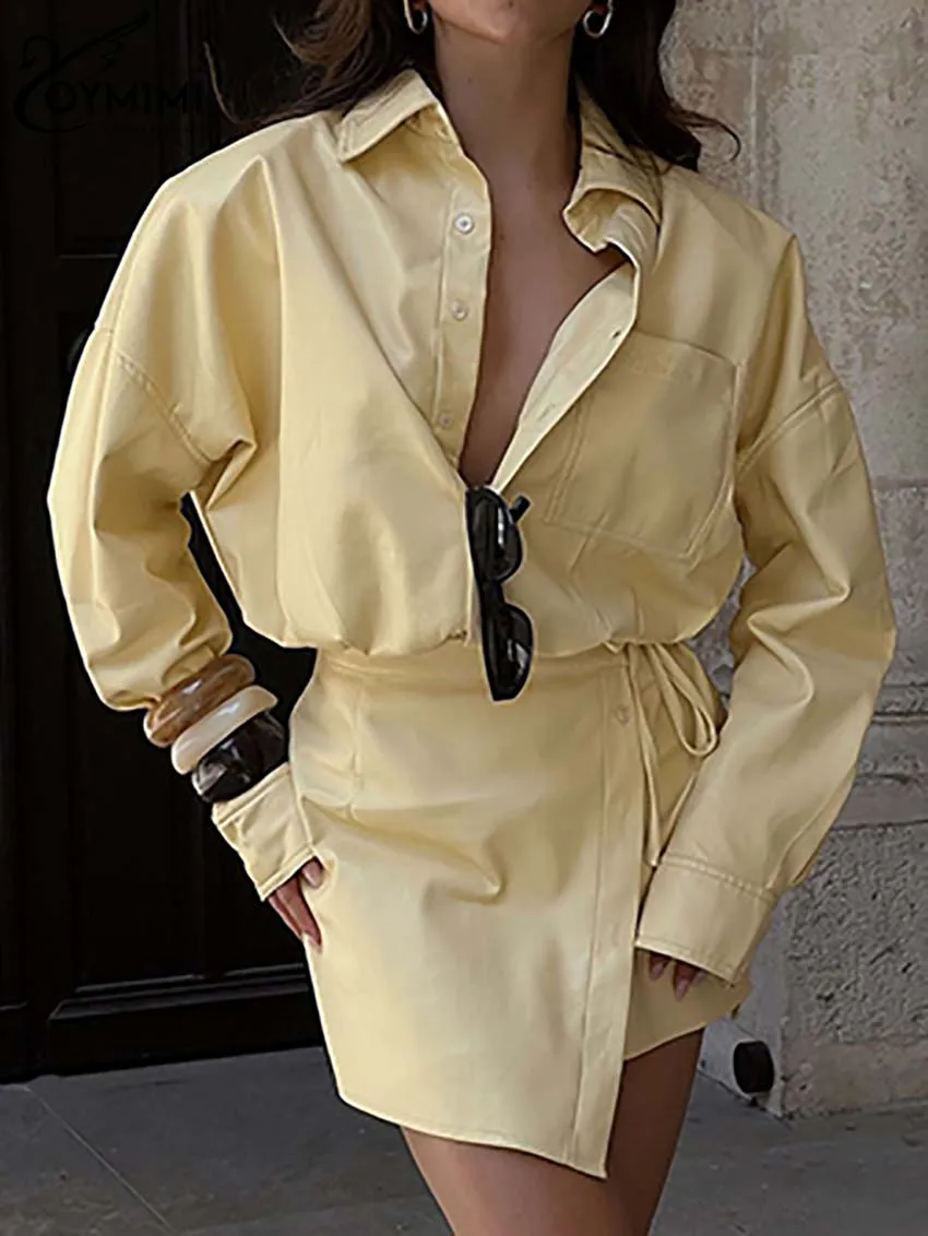 Oymimi Fashion Yellow Cotton Sets For Women 2 Pieces Elegant Long Sleeve Button Pockets Shirts And Lace-Up Mini Skirt Female Set