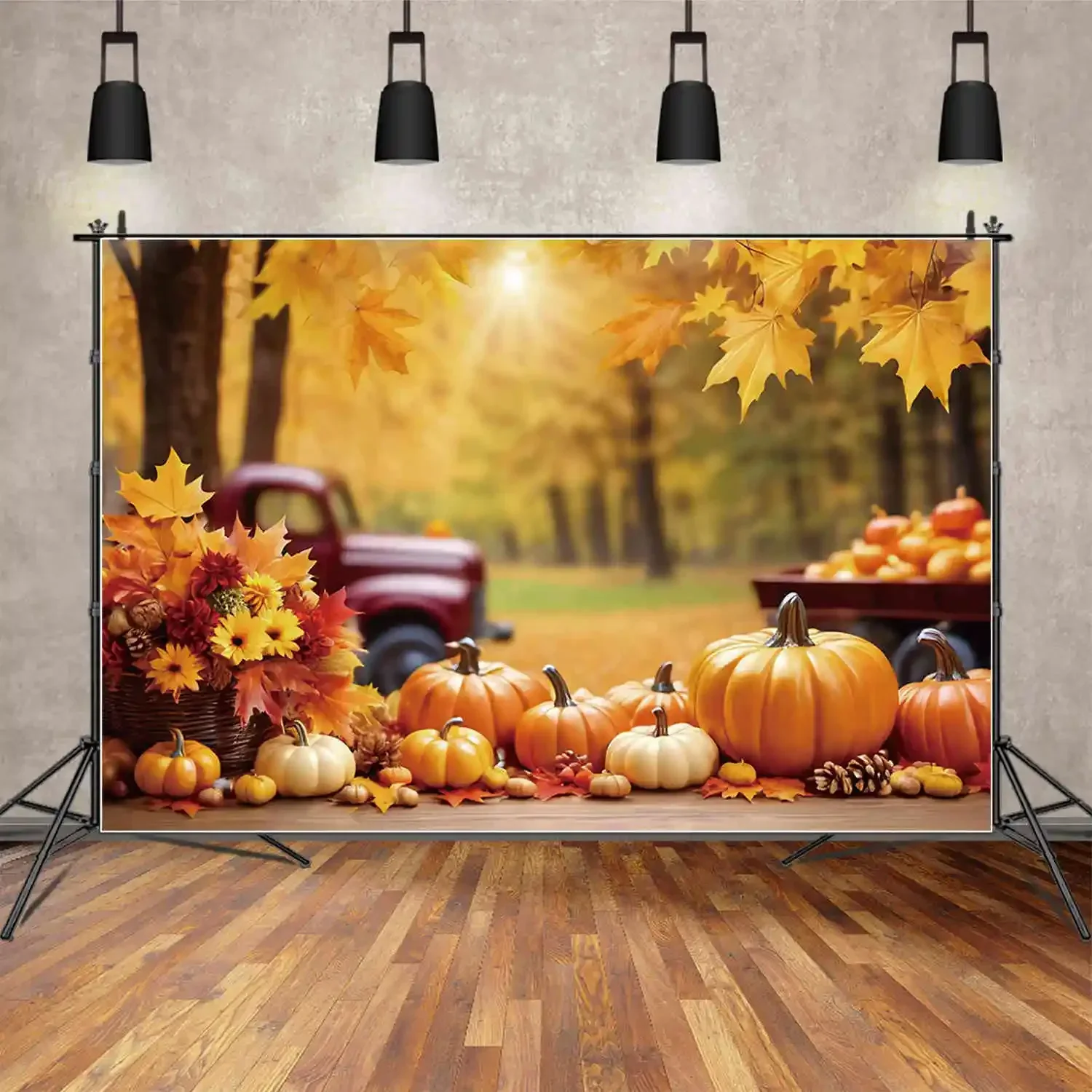 Autumn Thanksgiving Photography Studio Background Farm Pumpkin Truck Maple Leaves Party Photo Backdrop Birthday Decor Back Drop