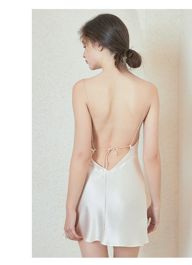 Silk Nightdress, V-neck Backless Loungewear for Women, Sexy Solid-color Lightweight Breathable 100% Mulberry Silk Camisole Dress