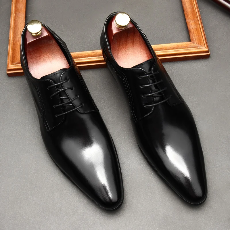 HKDQ Classic Formal Shoes Men Fashion Lace Up Genuine Leather Pointed Toe oxford Dress Shoes Italian Handmade Men\'s Office Shoes