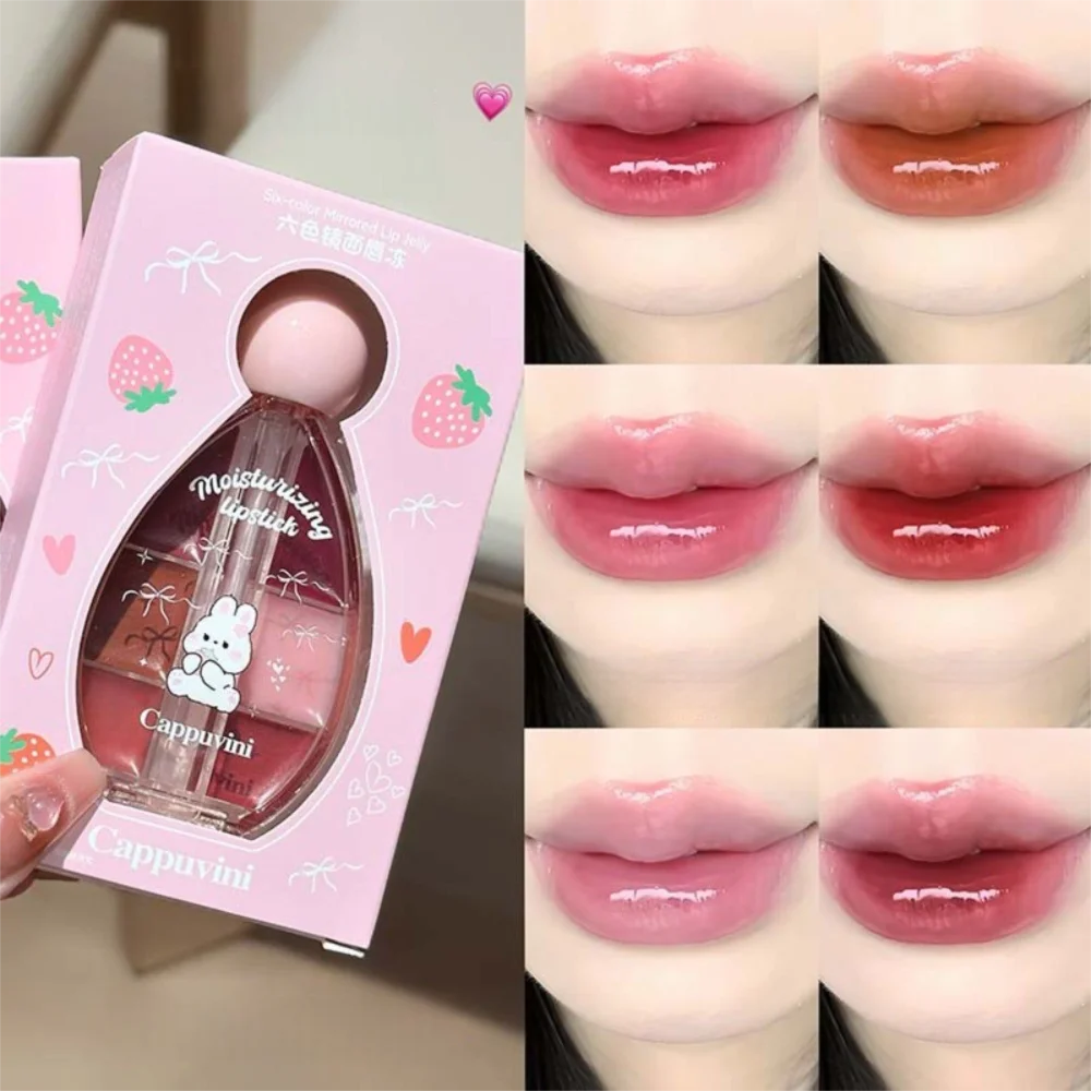 Beauty 6-Color Lip Tint Makeup Palette Silicone Lip Brush Lip Gloss Mirror Crystal Jelly Lip Care Lip Makeup Gift