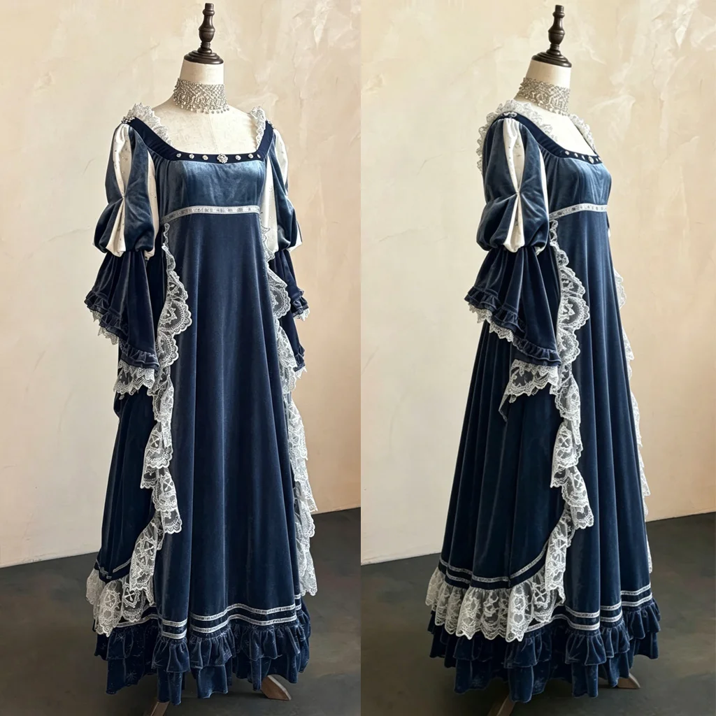 Langärmliges Gotisches Tudor-Kleid mit Hoher Taille Regency Spitzenkleid Mittelalterliches Tudor Renaissance Brautkleid Kostüme