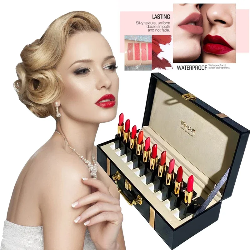 Christmas Lipstick Gifts Wooden Box Lip Gloss Velvet Lip Tint Not Easy to Fade Moisturizing Nude Makeup Kit Birthday Gift 10Pcs