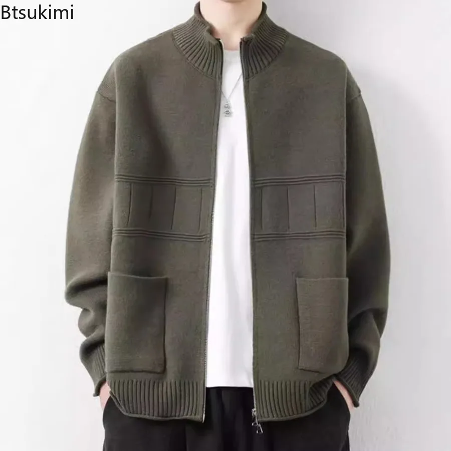 Men Stand Collar Full Zip Textured Knit Cardigan Long Sleeve Loose Fit Sweater Coat Korean Style Autumn Winter Casual Outerwear