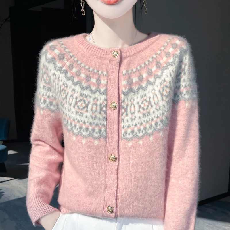 

Женский кардиган из 100% шерсти с круглым вырезом, одинаковый по цвету свитер, осень-зима, утолщенная свободная жаккардовая вязаная куртка в стиле ретро с длинными рукавами