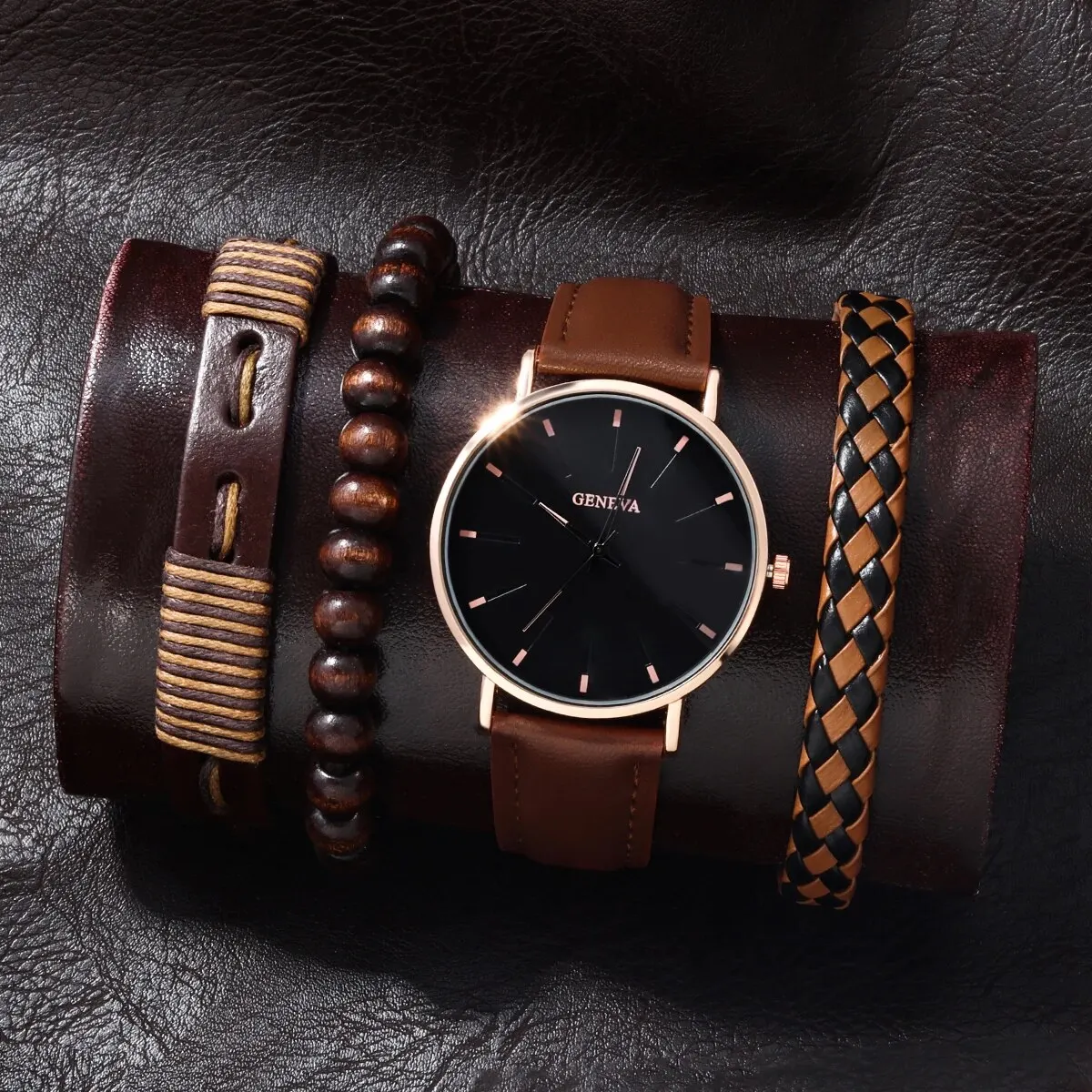 4PCS Men\'s Fashion Simple Blue Needle Dial Pointer Quartz Belt Watch Luxury Leather Leather Wood Bead Bracelet Ramadan Gift Set