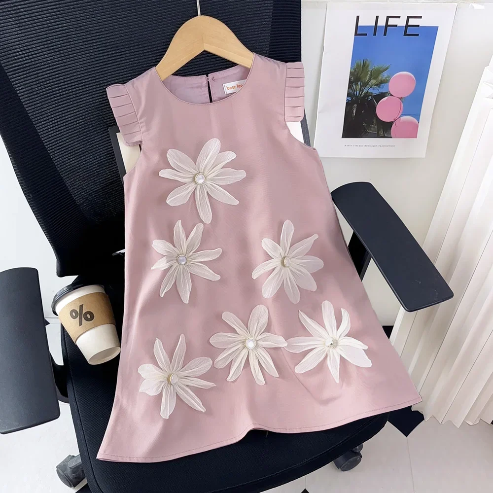 Bear Leader 2-7 Years Summer New 3D Flower Vest Dress Girl's Princess Dresses Baby Kids Clothing Wedding Party Elegent Clothes